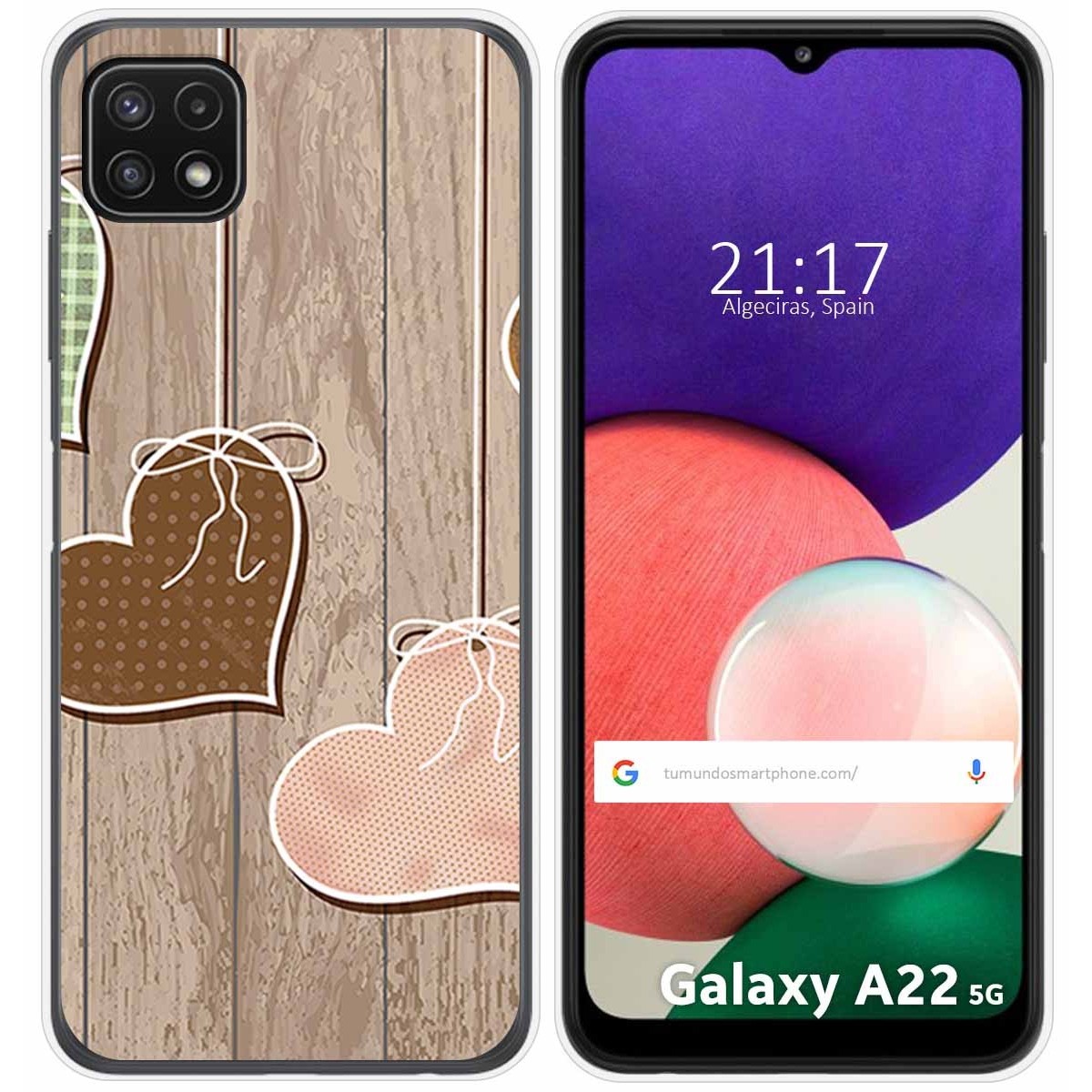 Funda Silicona para Samsung Galaxy A22 5G diseño Corazones Madera Dibujos