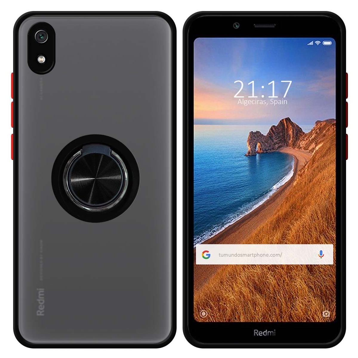 Funda Mate con Borde Negro y Anillo Giratorio 360 para Xiaomi Redmi 7A