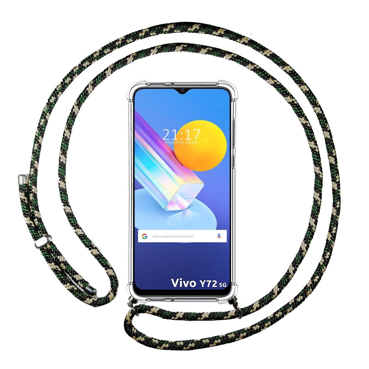 Funda Colgante Transparente para Vivo Y52 5G / Y72 5G con Cordon Verde / Dorado