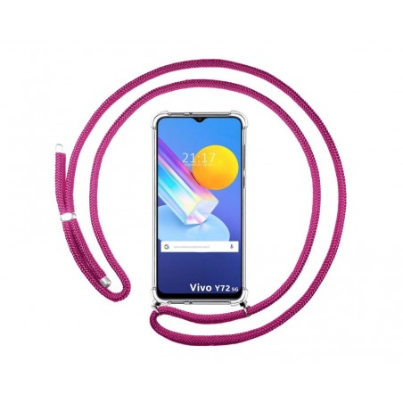 Funda Colgante Transparente para Vivo Y52 5G / Y72 5G con Cordon Rosa Fucsia