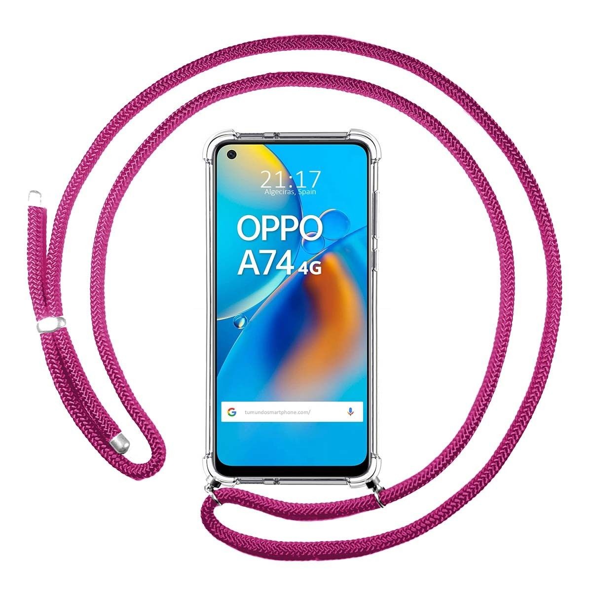 Funda Colgante Transparente para Oppo A74 4G con Cordon Rosa Fucsia