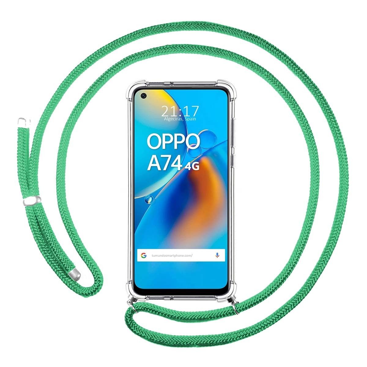 Funda Colgante Transparente para Oppo A74 4G con Cordon Verde Agua