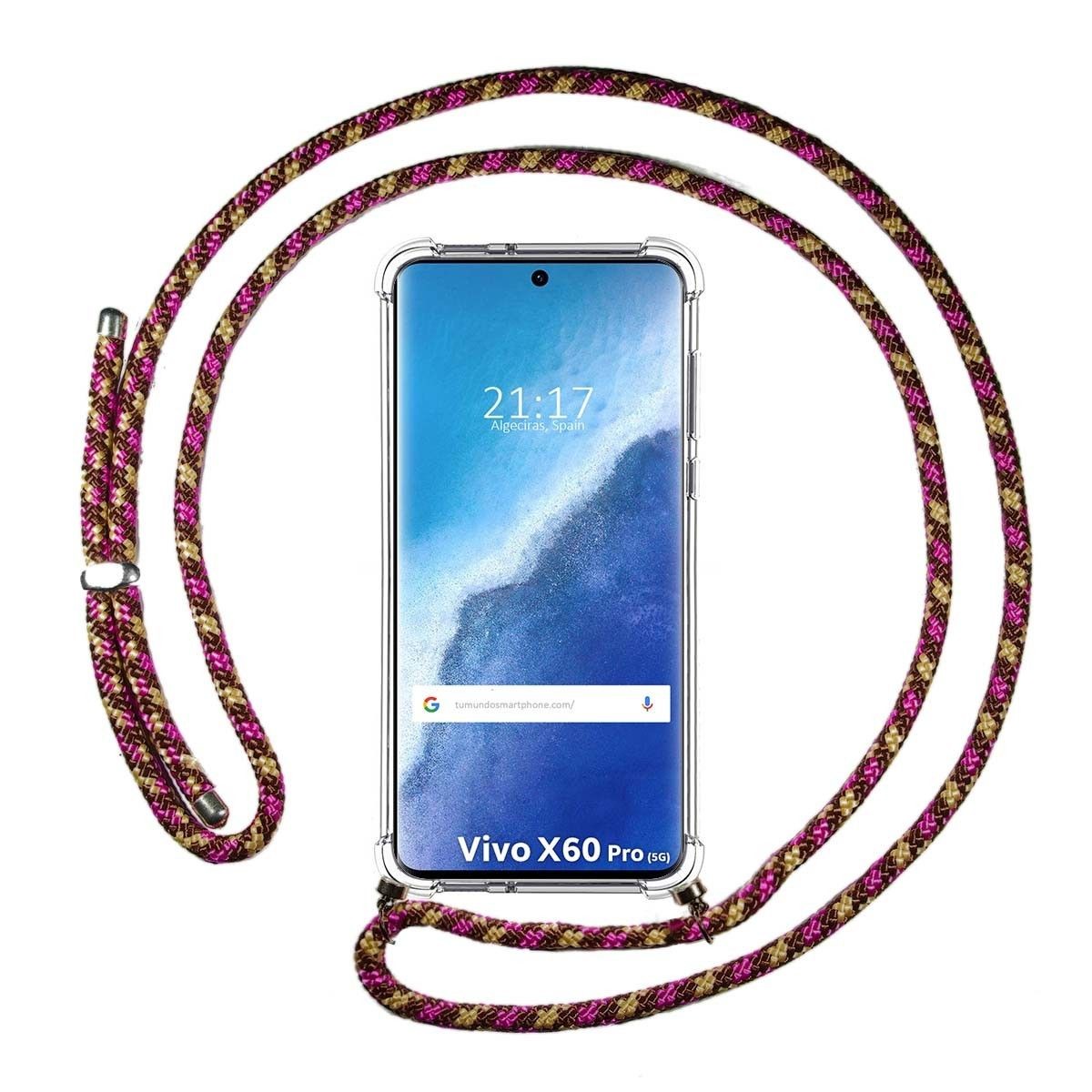 Funda Colgante Transparente para Vivo X60 Pro 5G con Cordon Rosa / Dorado