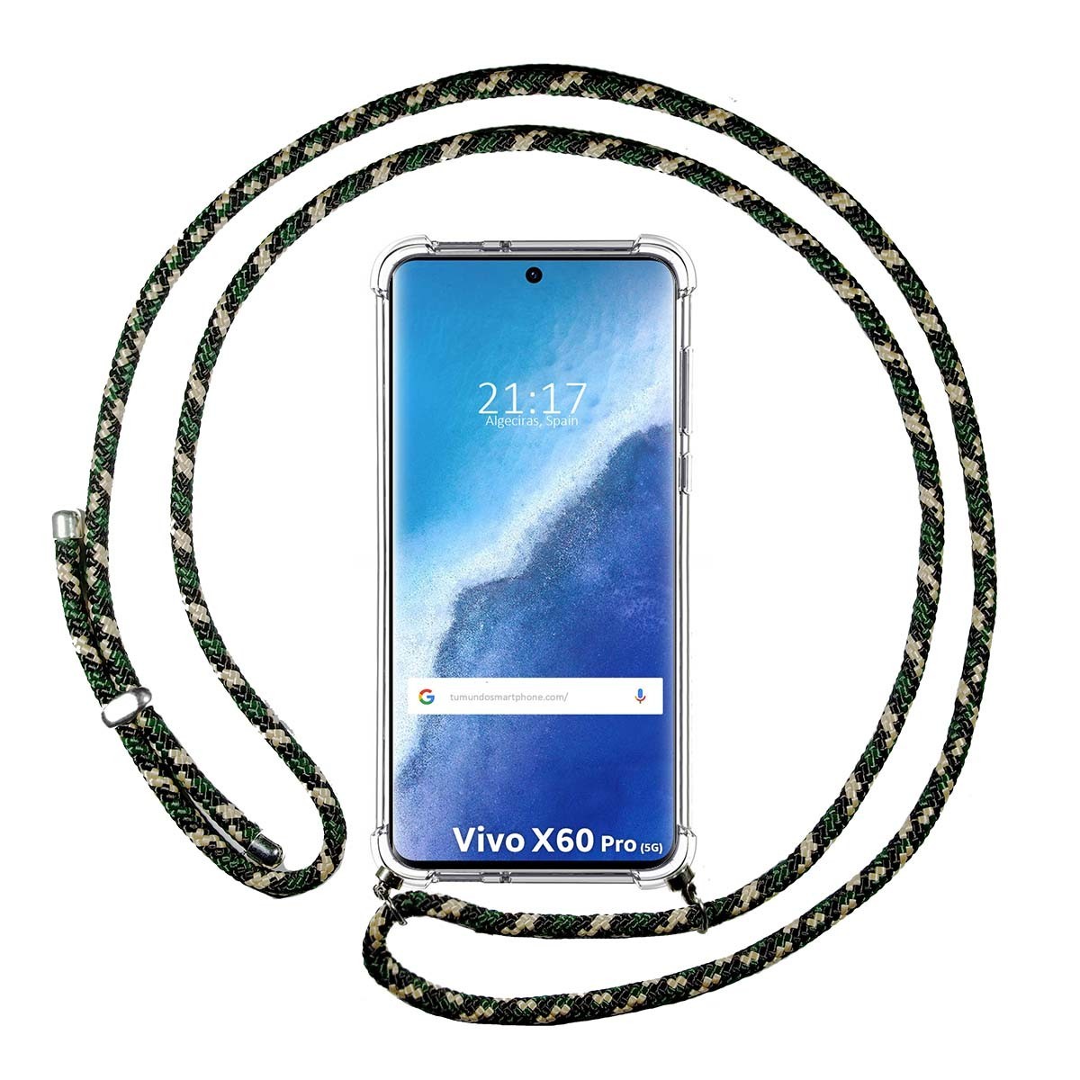 Funda Colgante Transparente para Vivo X60 Pro 5G con Cordon Verde / Dorado