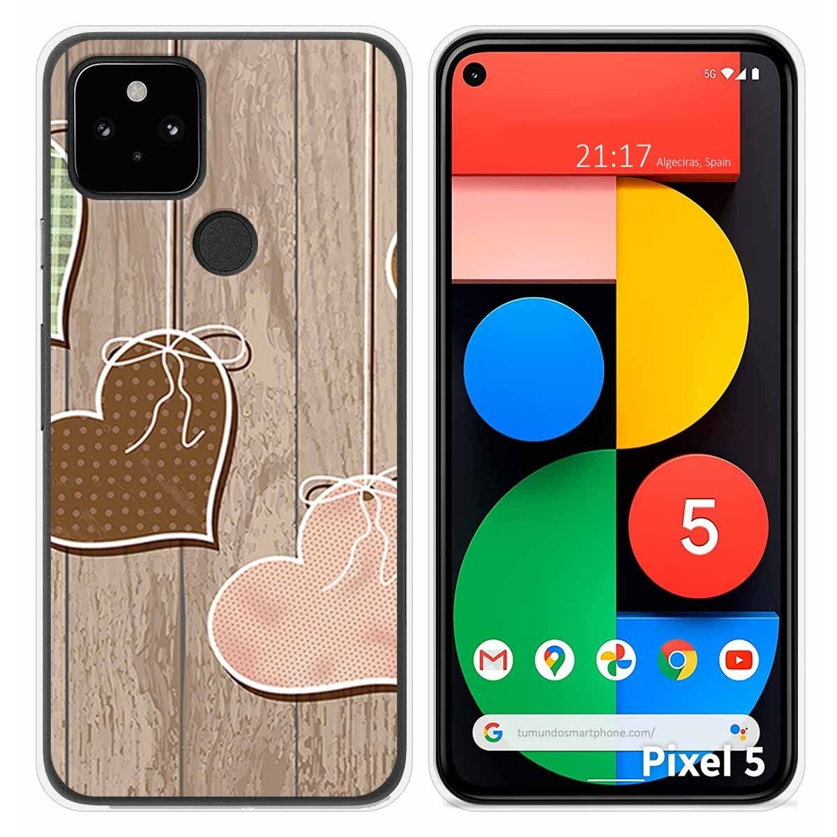 Funda Silicona para Google Pixel 5 5G diseño Corazones Madera Dibujos