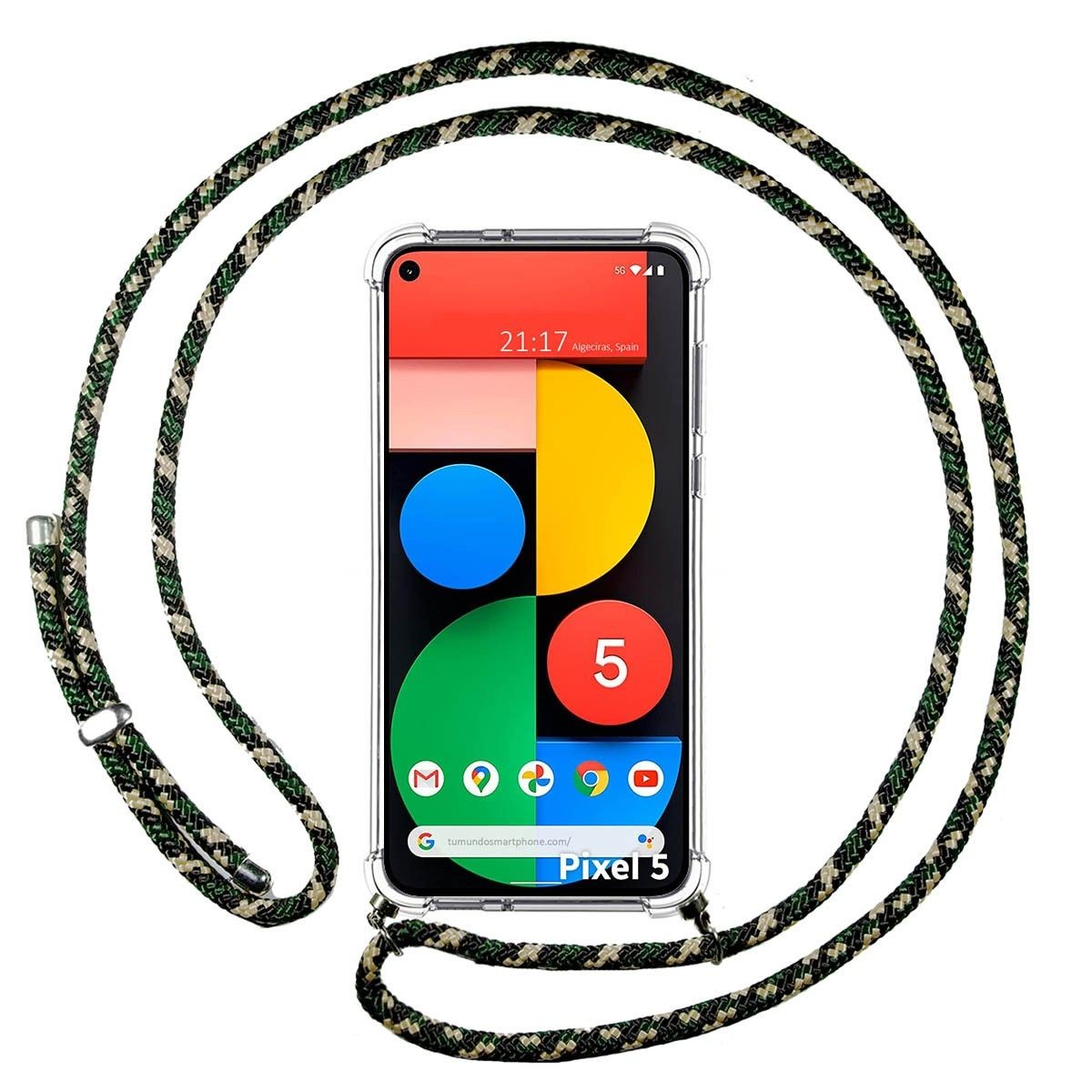 Funda Colgante Transparente para Google Pixel 5 5G con Cordon Verde / Dorado