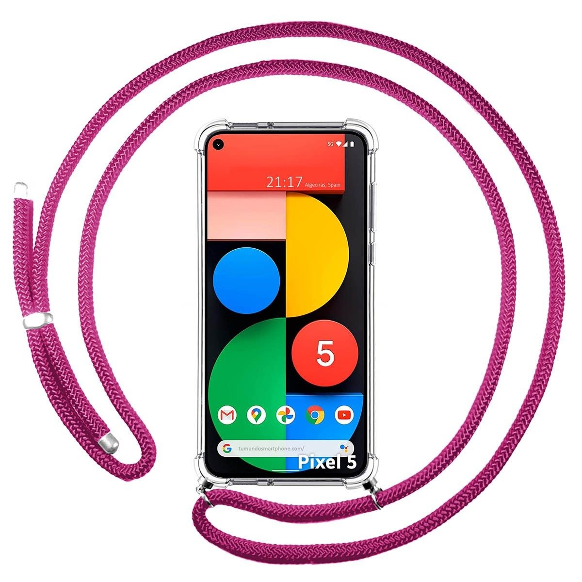 Funda Colgante Transparente para Google Pixel 5 5G con Cordon Rosa Fucsia