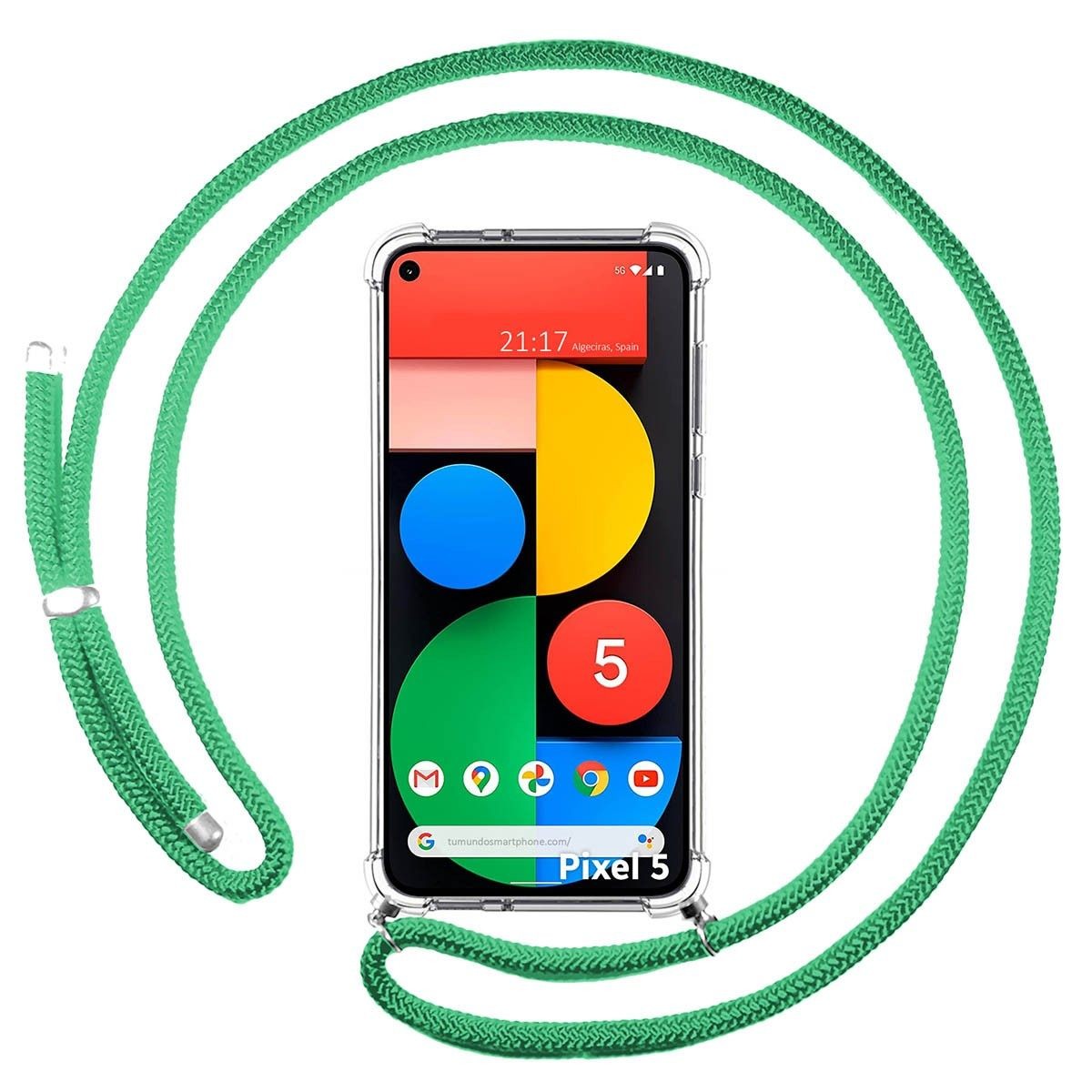 Funda Colgante Transparente para Google Pixel 5 5G con Cordon Verde Agua
