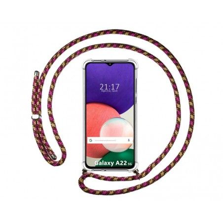 Funda Colgante Transparente para Samsung Galaxy A22 5G con Cordon Rosa / Dorado