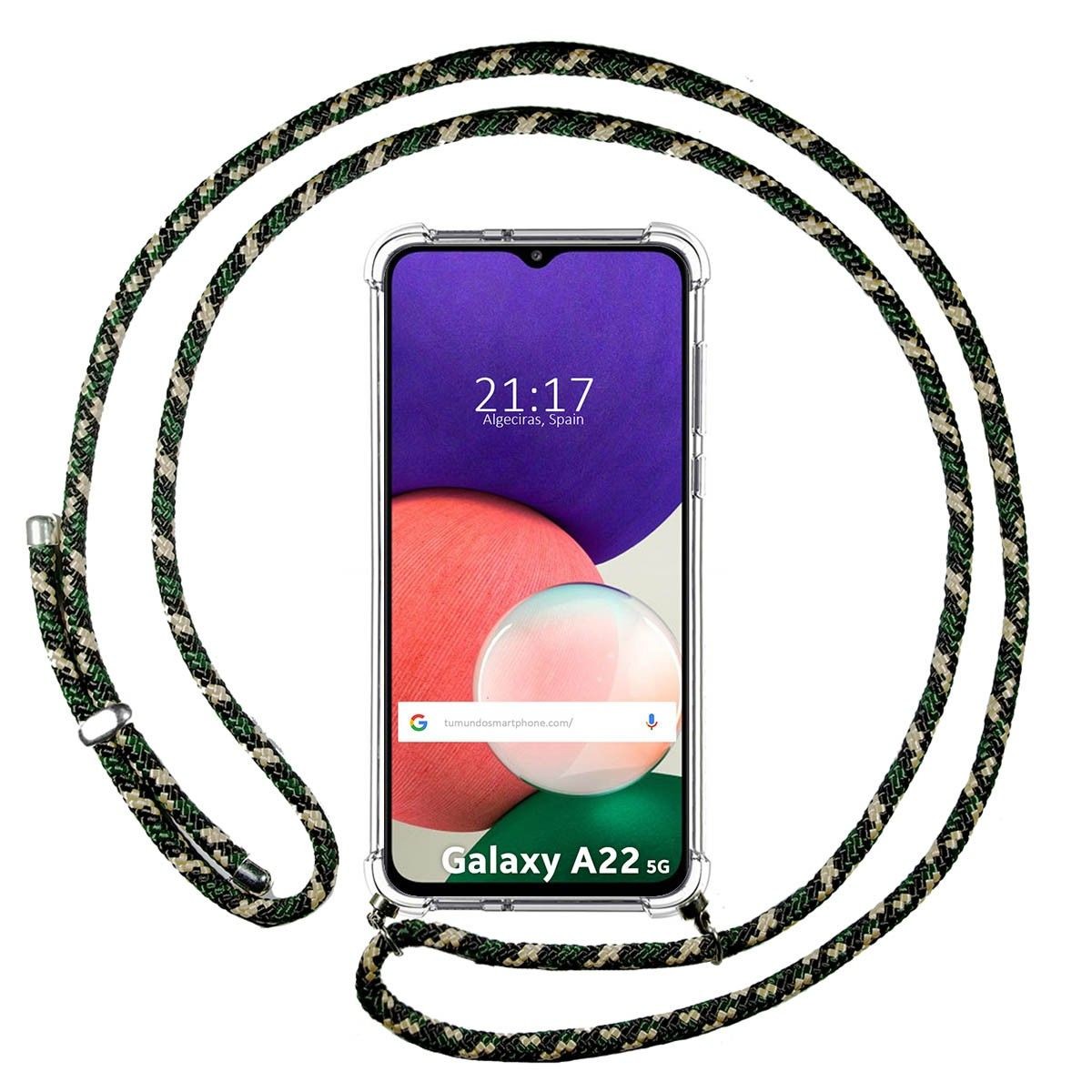 Funda Colgante Transparente para Samsung Galaxy A22 5G con Cordon Verde / Dorado
