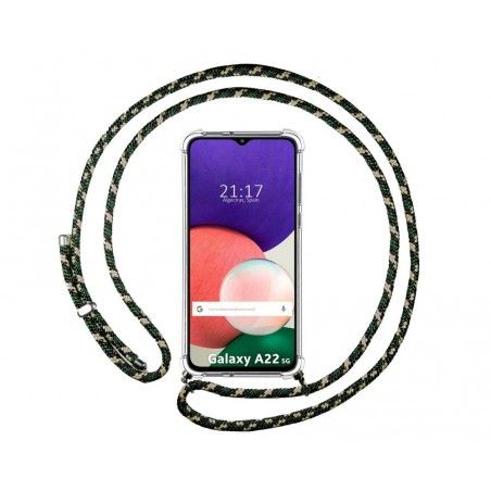 Funda Colgante Transparente para Samsung Galaxy A22 5G con Cordon Verde / Dorado