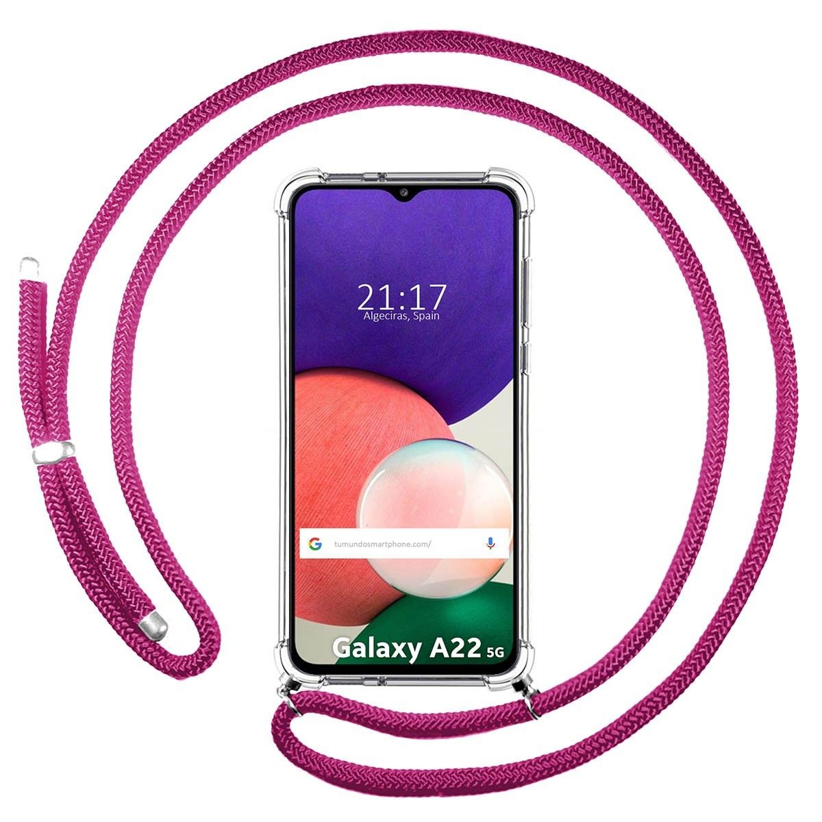 Funda Colgante Transparente para Samsung Galaxy A22 5G con Cordon Rosa Fucsia