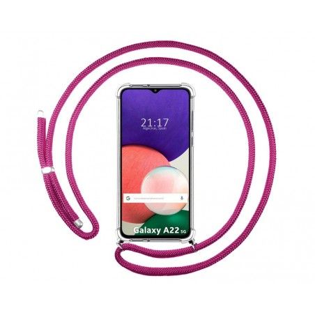 Funda Colgante Transparente para Samsung Galaxy A22 5G con Cordon Rosa Fucsia
