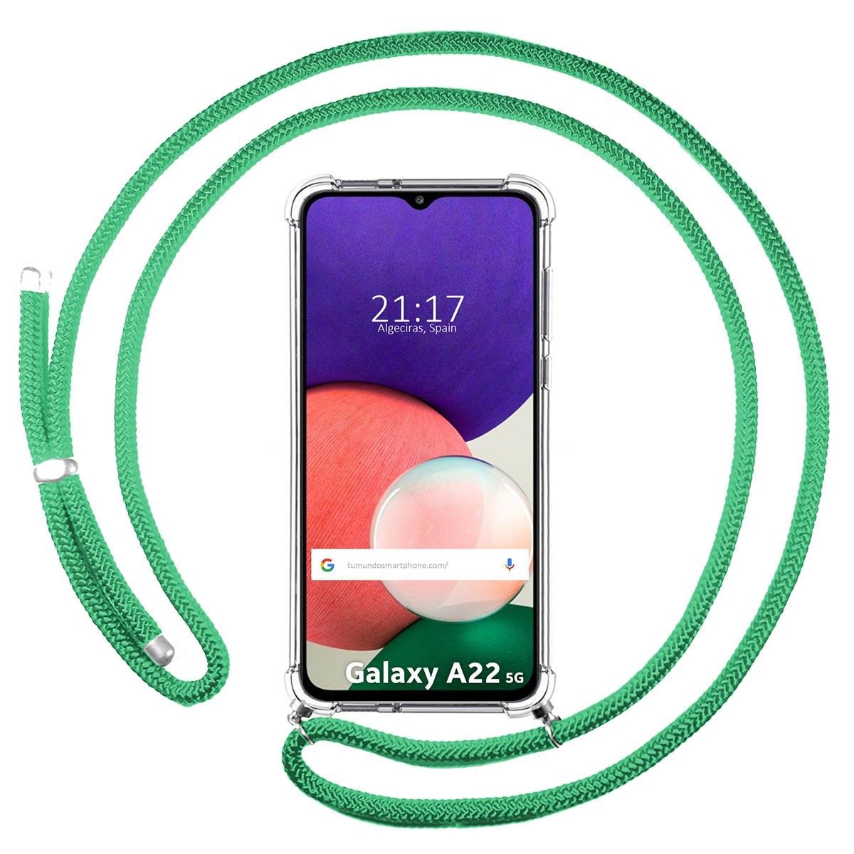 Funda Colgante Transparente para Samsung Galaxy A22 5G con Cordon Verde Agua