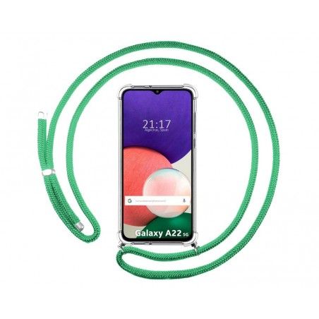 Funda Colgante Transparente para Samsung Galaxy A22 5G con Cordon Verde Agua