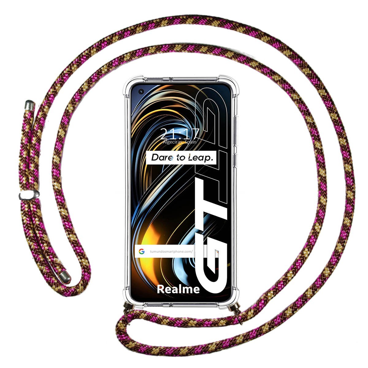 Funda Colgante Transparente para Realme GT 5G con Cordon Rosa / Dorado