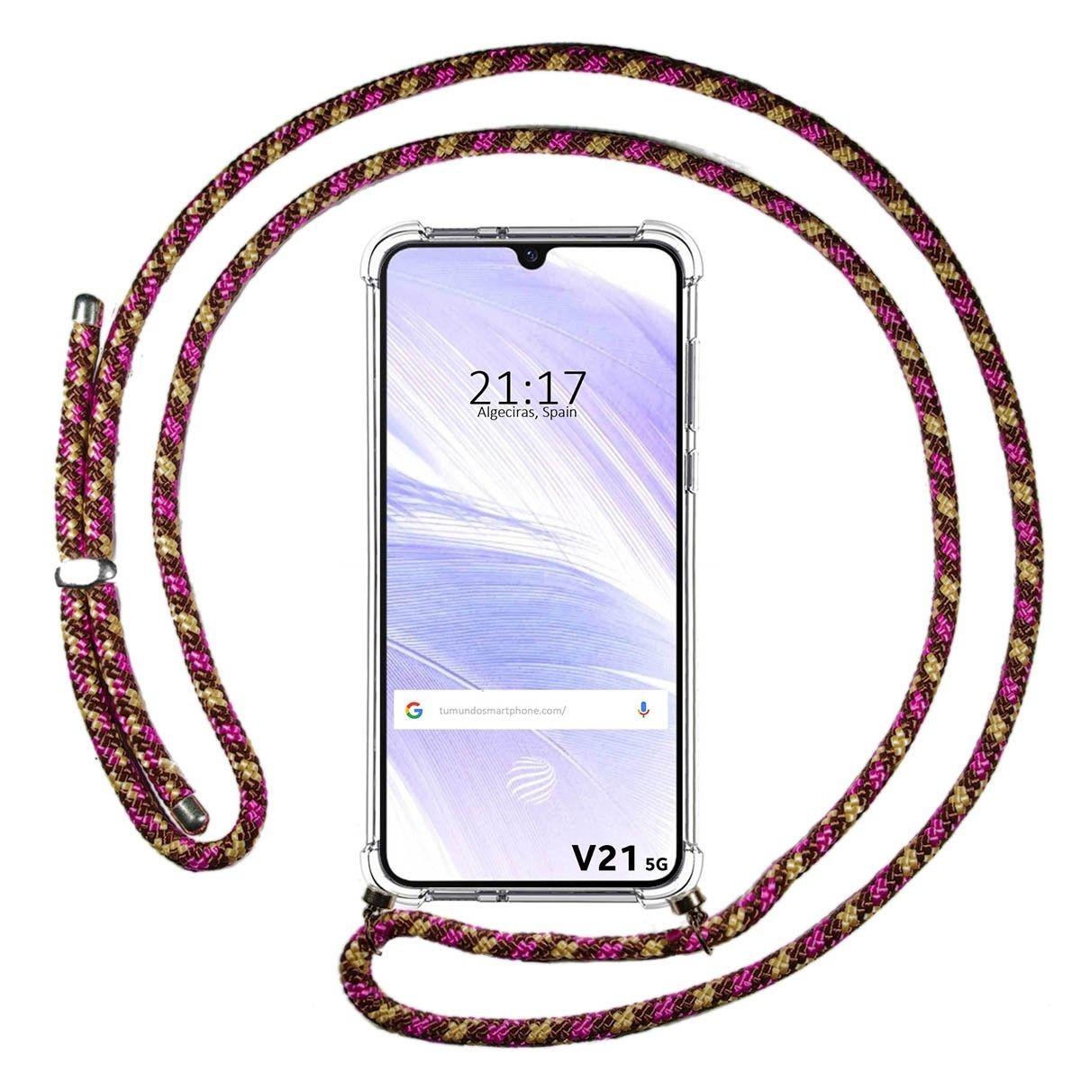 Funda Colgante Transparente para Vivo V21 5G con Cordon Rosa / Dorado