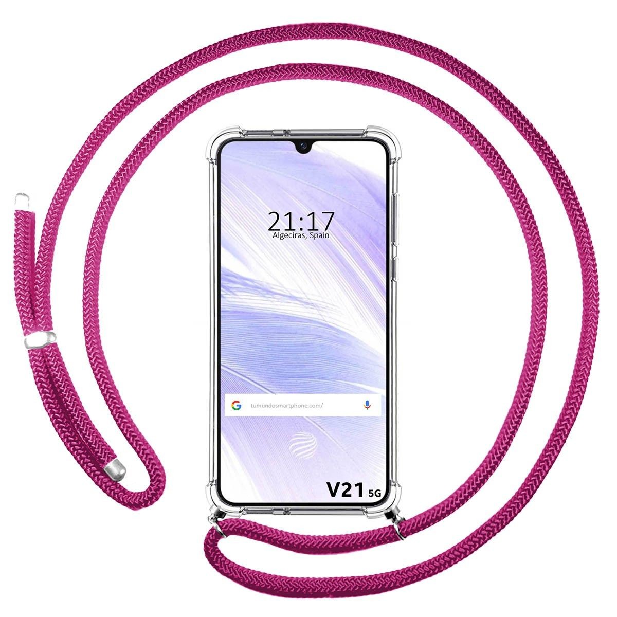 Funda Colgante Transparente para Vivo V21 5G con Cordon Rosa Fucsia