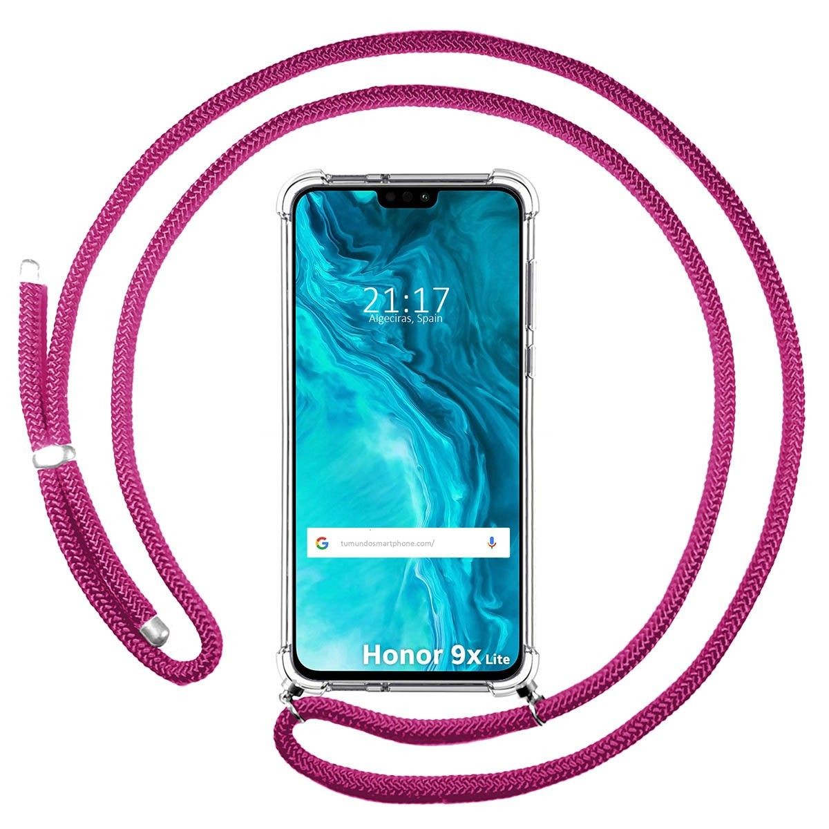Funda Colgante Transparente para Huawei Honor 9X Lite con Cordon Rosa Fucsia