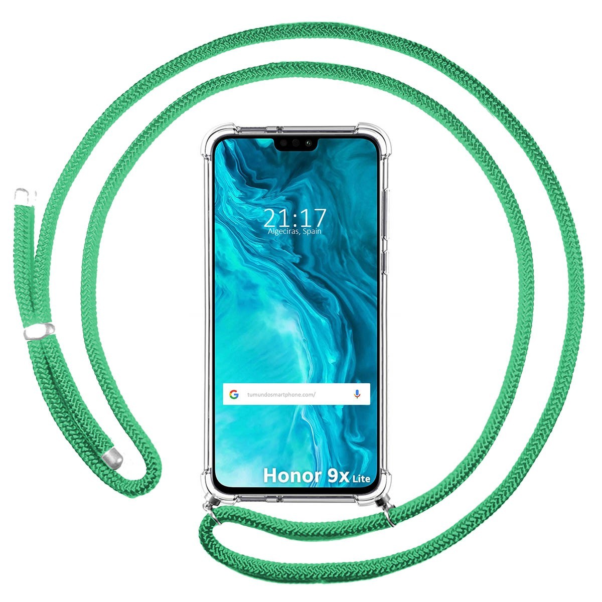 Funda Colgante Transparente para Huawei Honor 9X Lite con Cordon Verde Agua
