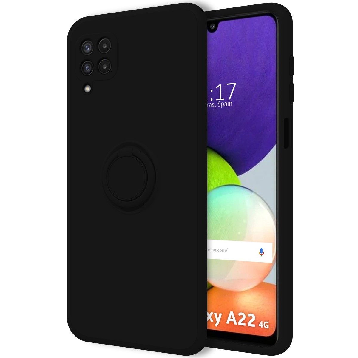 Funda Silicona Líquida Ultra Suave con Anillo para Samsung Galaxy A22 4G / M22 color Negra