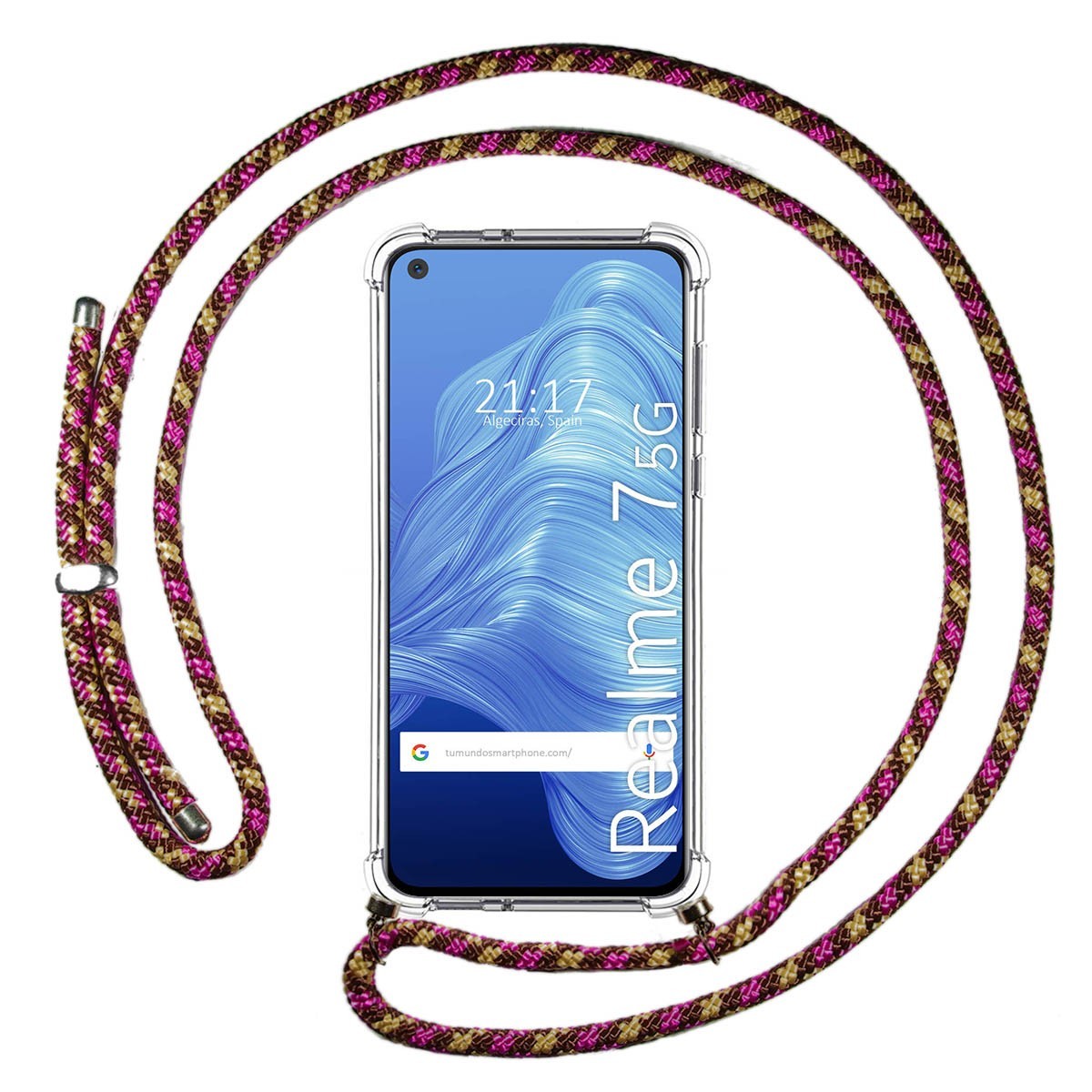 Funda Colgante Transparente para Realme 7 5G con Cordon Rosa / Dorado