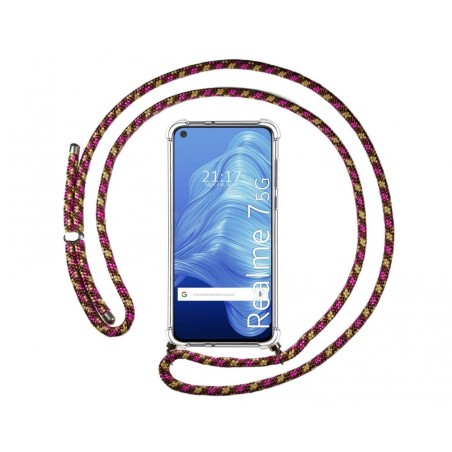 Funda Colgante Transparente para Realme 7 5G con Cordon Rosa / Dorado