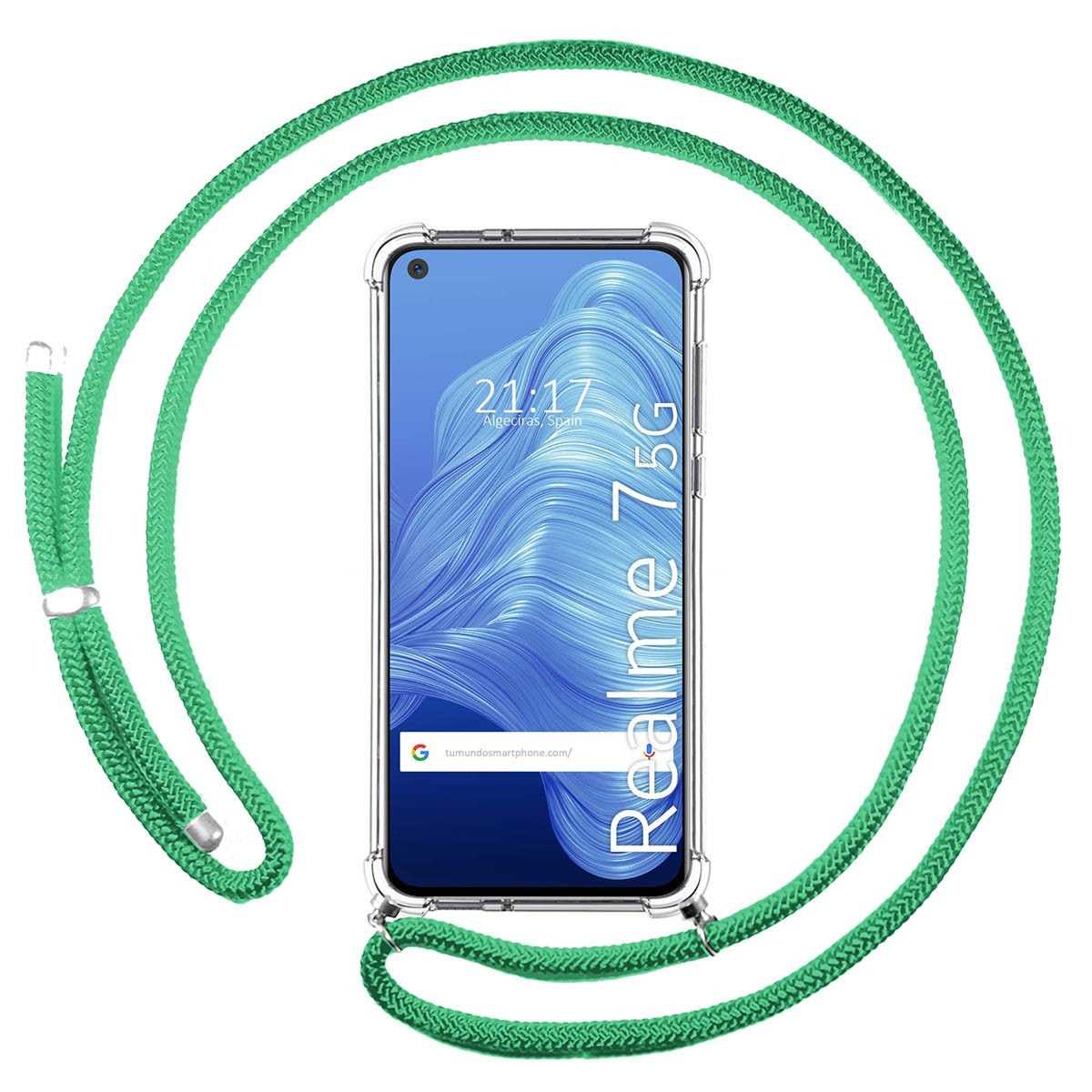 Funda Colgante Transparente para Realme 7 5G con Cordon Verde Agua