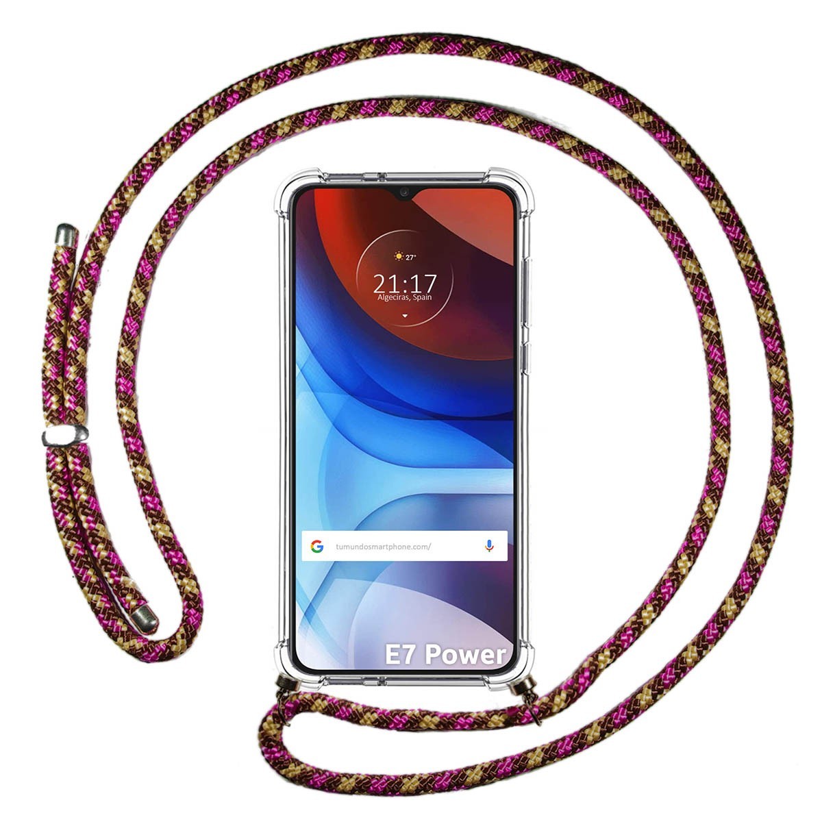 Funda Colgante Transparente para Motorola Moto E7 Power con Cordon Rosa / Dorado