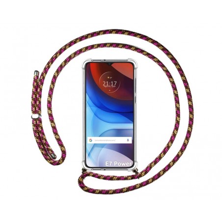 Funda Colgante Transparente para Motorola Moto E7 Power con Cordon Rosa / Dorado