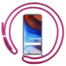 Funda Colgante Transparente para Motorola Moto E7 Power con Cordon Rosa Fucsia