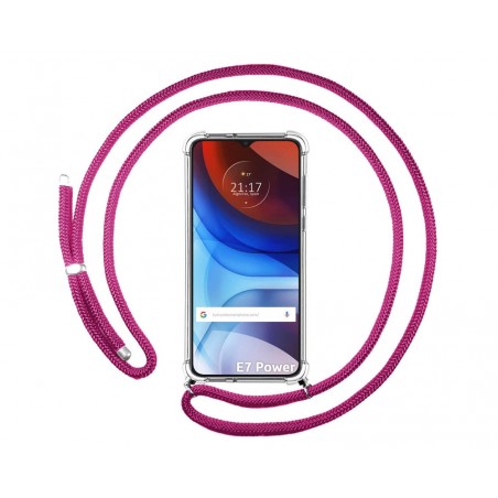 Funda Colgante Transparente para Motorola Moto E7 Power con Cordon Rosa Fucsia