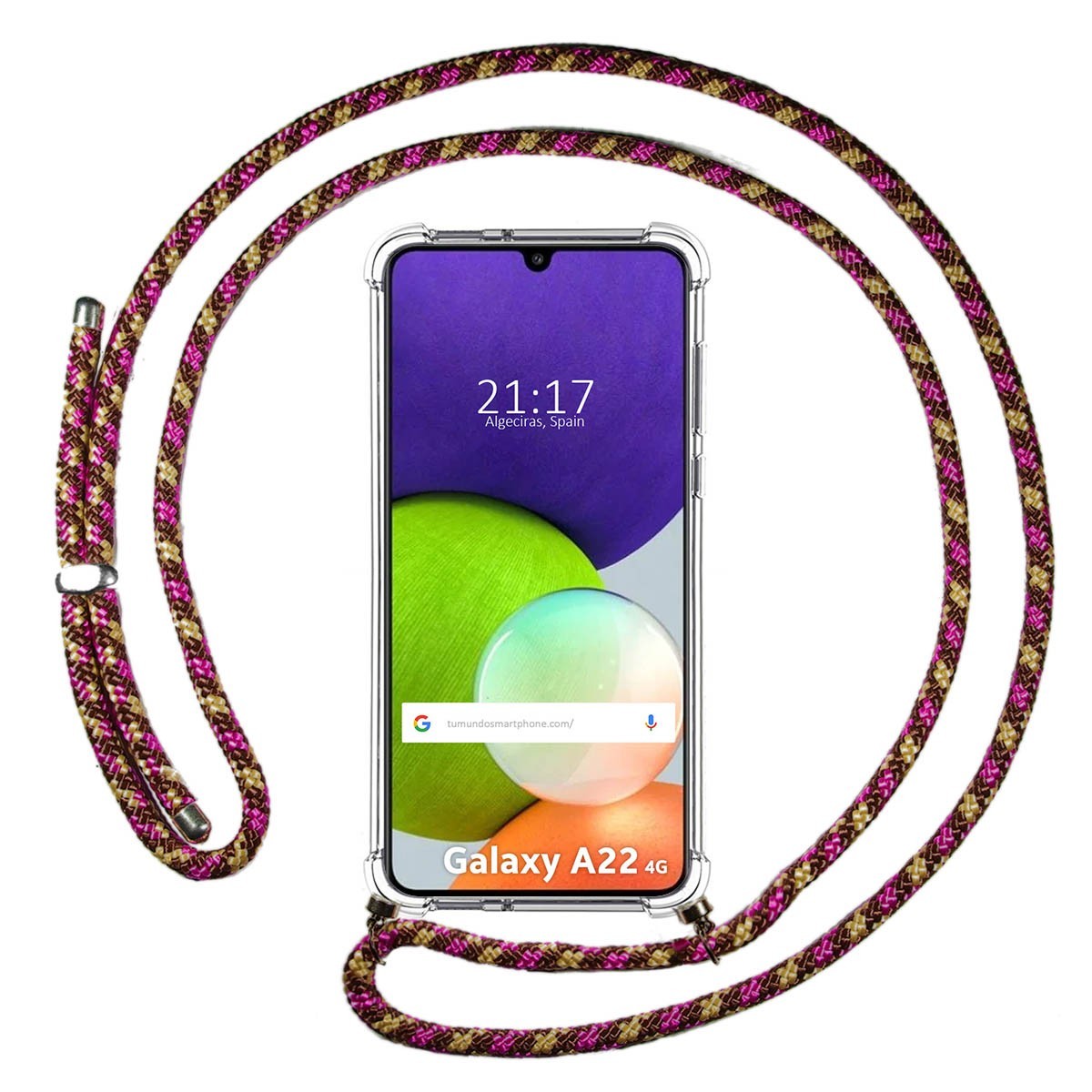 Funda Colgante Transparente para Samsung Galaxy A22 4G / M22 con Cordon Rosa / Dorado