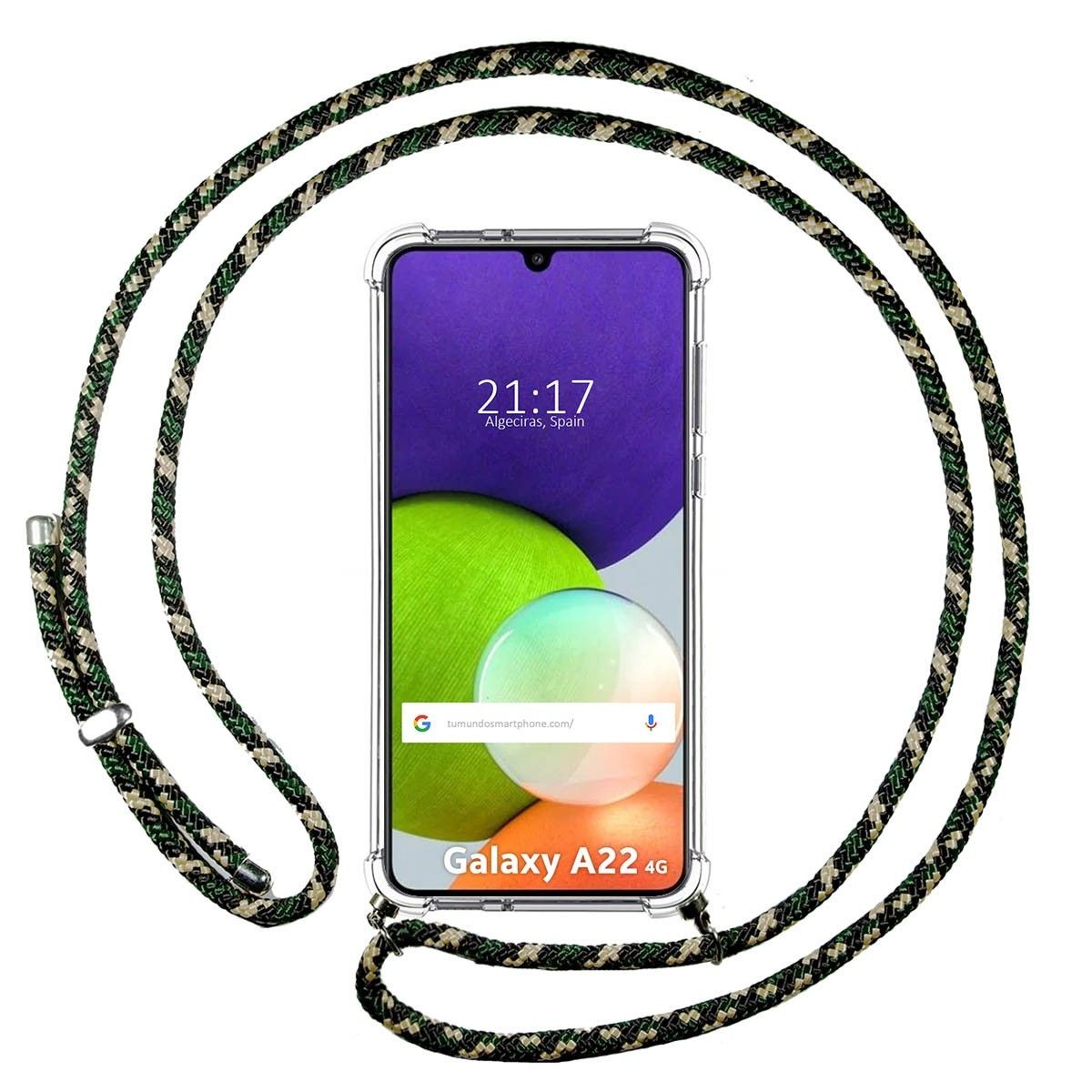 Funda Colgante Transparente para Samsung Galaxy A22 4G / M22 con Cordon Verde / Dorado