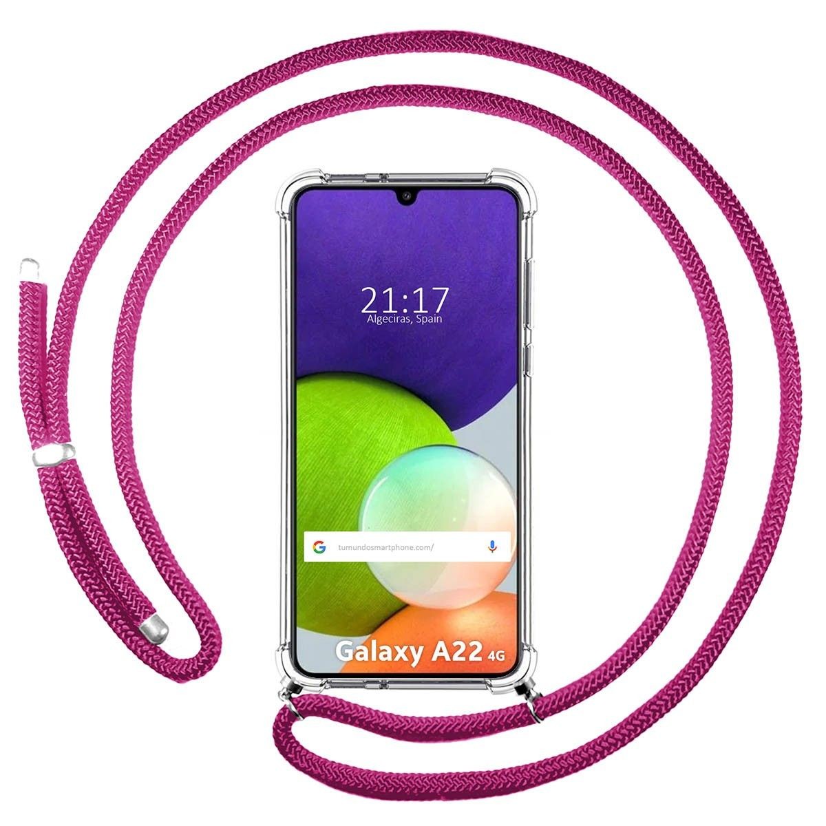 Funda Colgante Transparente para Samsung Galaxy A22 4G / M22 con Cordon Rosa Fucsia