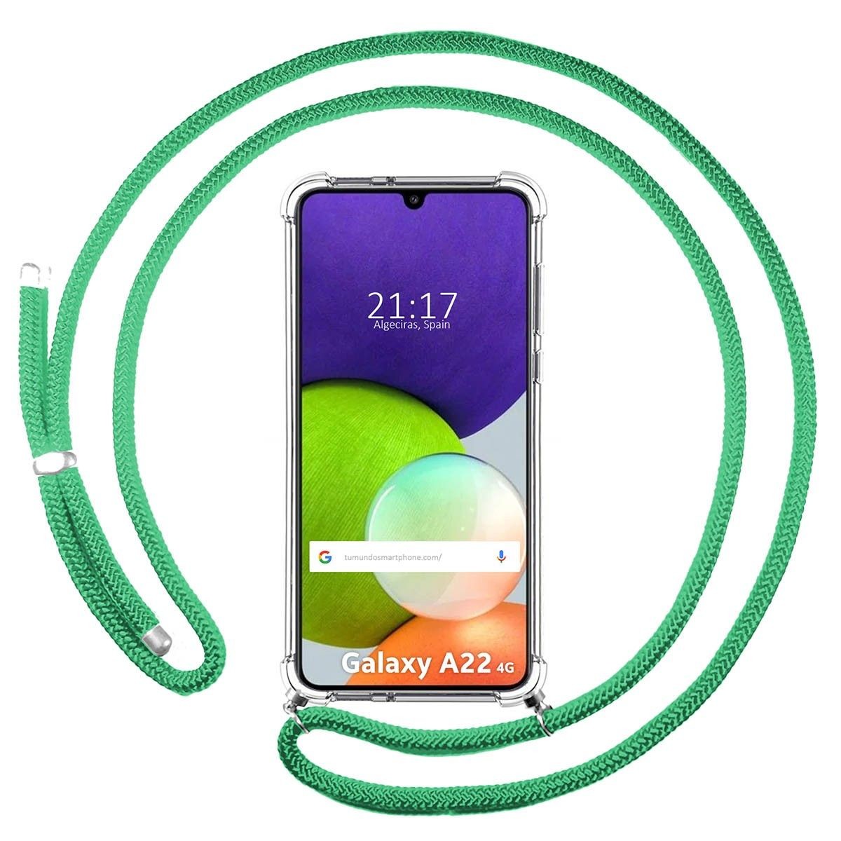 Funda Colgante Transparente para Samsung Galaxy A22 4G / M22 con Cordon Verde Agua