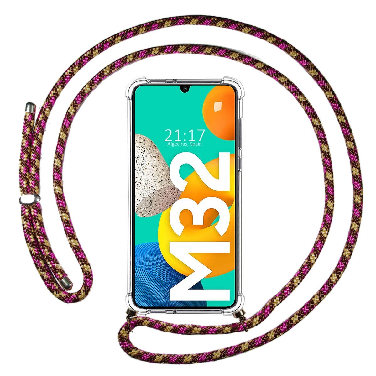 Funda Colgante Transparente para Samsung Galaxy M32 con Cordon Rosa / Dorado
