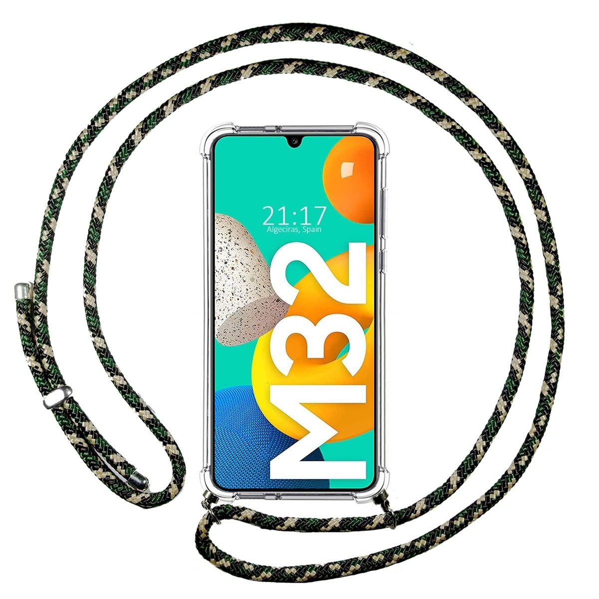 Funda Colgante Transparente para Samsung Galaxy M32 con Cordon Verde / Dorado