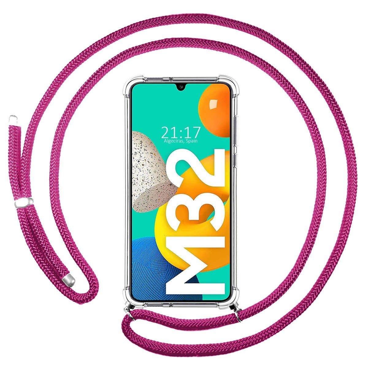 Funda Colgante Transparente para Samsung Galaxy M32 con Cordon Rosa Fucsia