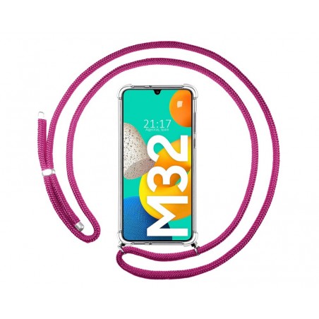 Funda Colgante Transparente para Samsung Galaxy M32 con Cordon Rosa Fucsia