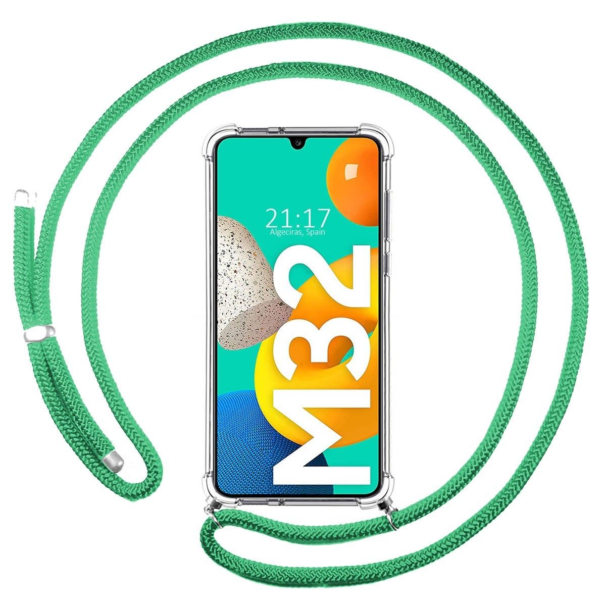 Funda Colgante Transparente para Samsung Galaxy M32 con Cordon Verde Agua