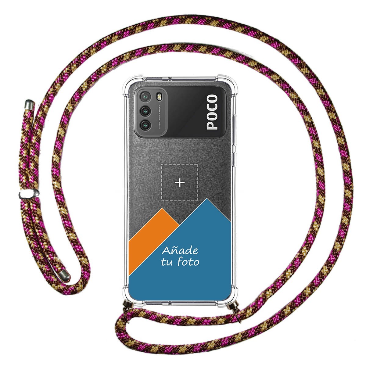 Personaliza tu Funda Colgante Transparente para Xiaomi POCO M3 con Cordon Rosa / Dorado Dibujo Personalizada