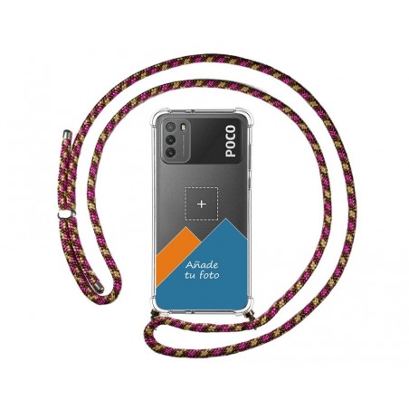 Personaliza tu Funda Colgante Transparente para Xiaomi POCO M3 con Cordon Rosa / Dorado Dibujo Personalizada