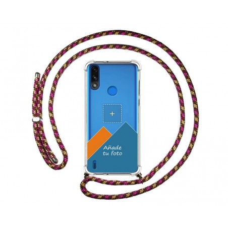 Personaliza tu Funda Colgante Transparente para Motorola Moto E7 Power con Cordon Rosa / Dorado Dibujo Personalizada