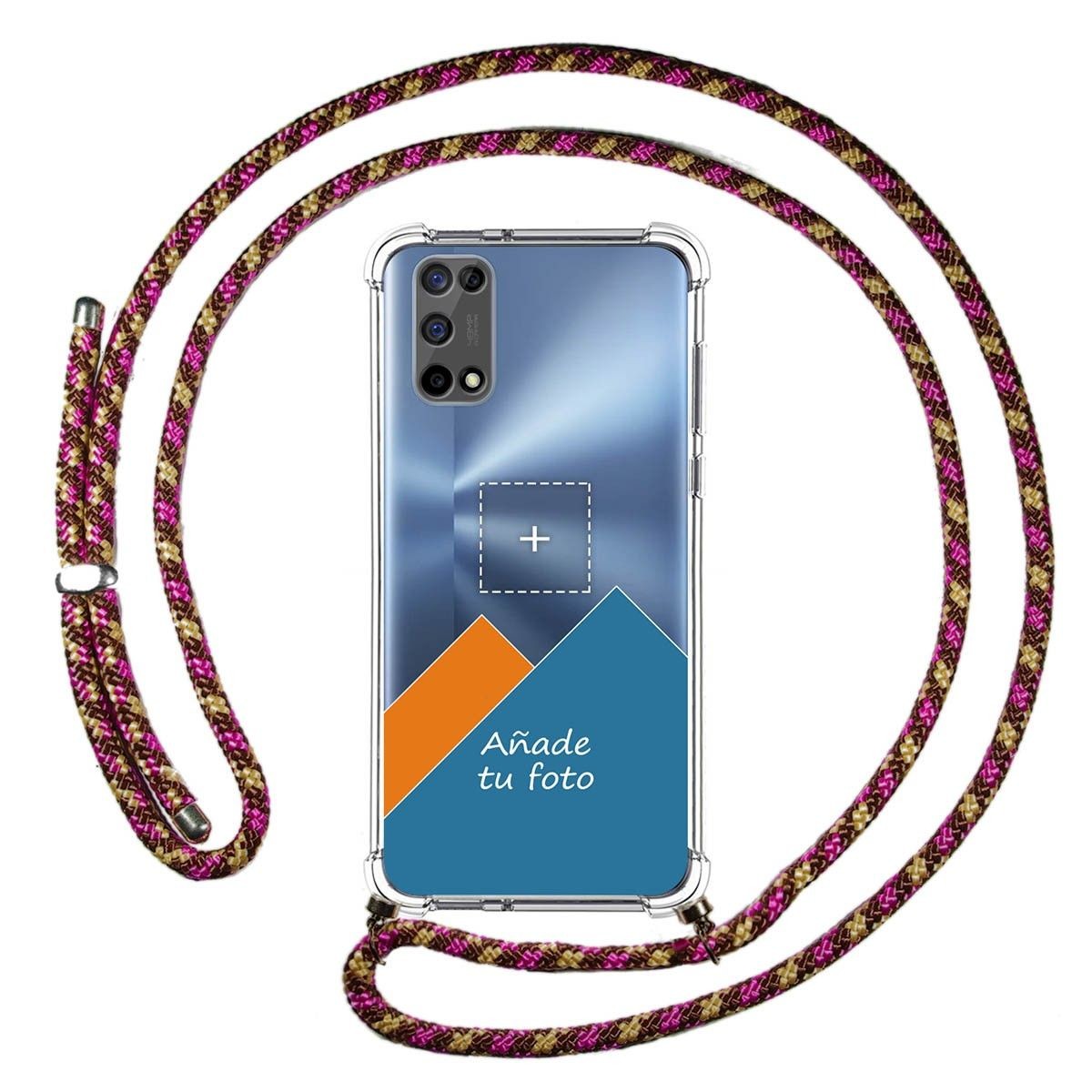 Personaliza tu Funda Colgante Transparente para Realme 7 5G con Cordon Rosa / Dorado Dibujo Personalizada