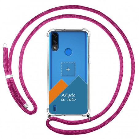 Personaliza tu Funda Colgante Transparente para Motorola Moto E7 Power con Cordon Rosa Fucsia Dibujo Personalizada