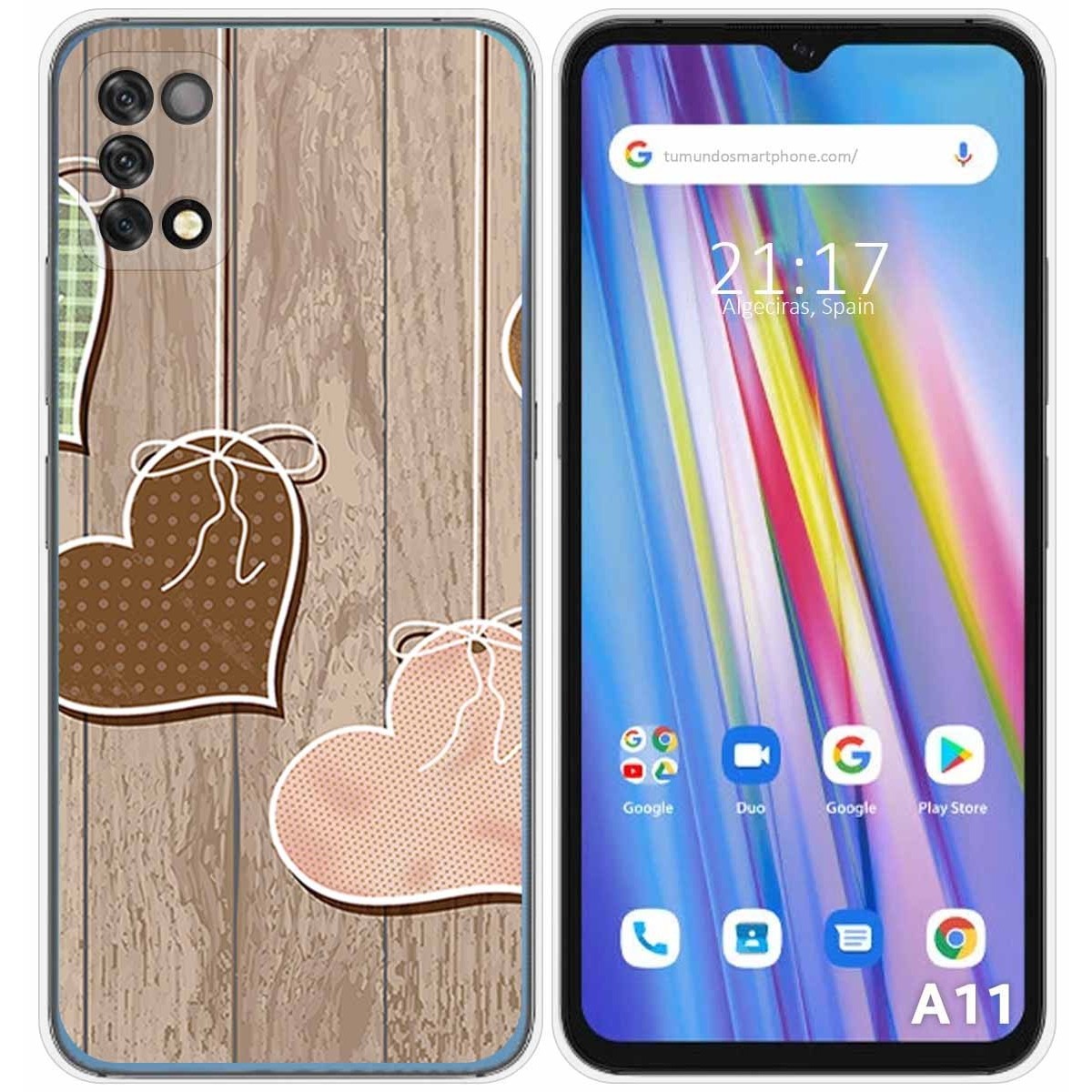 Funda Silicona para Umidigi A11 diseño Corazones Madera Dibujos
