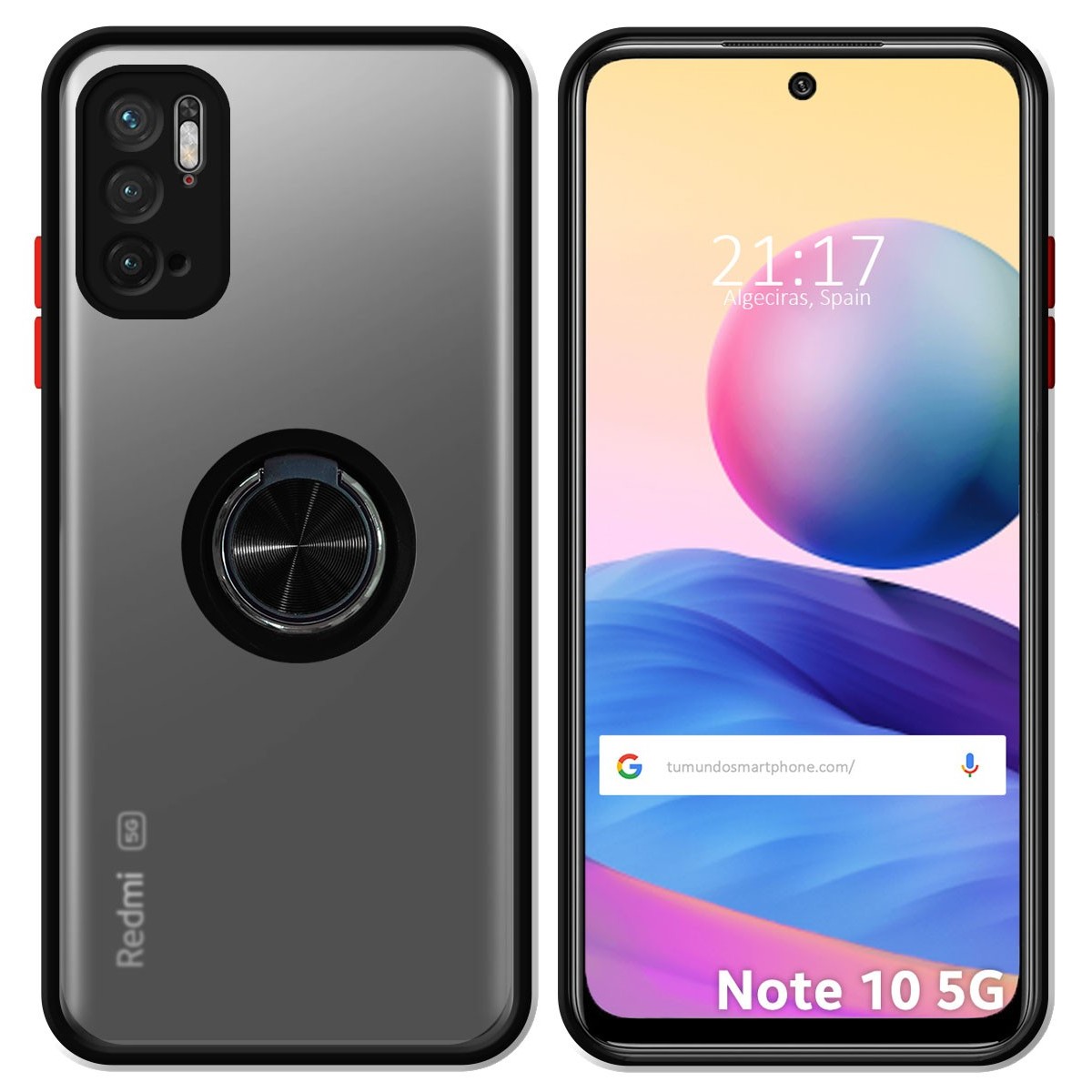 Funda Mate con Borde Negro y Anillo Giratorio 360 para Xiaomi Redmi Note 10 5G / POCO M3 PRO 5G