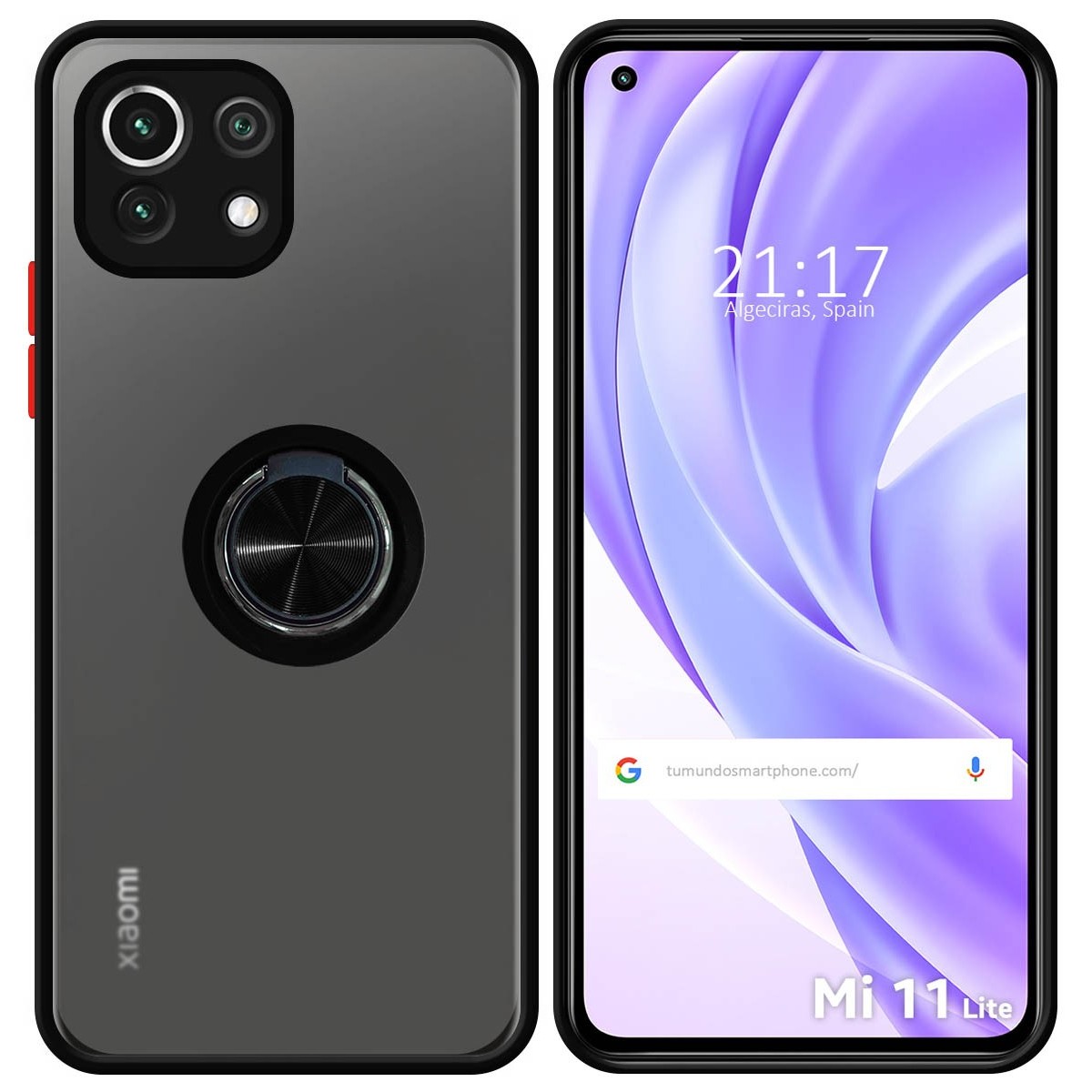 Funda Mate con Borde Negro y Anillo Giratorio 360 para Xiaomi Mi 11 Lite 4G / 5G / 5G NE