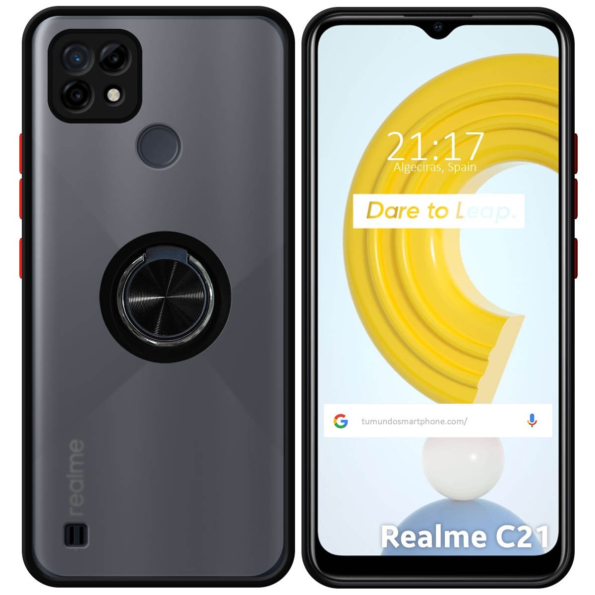 Funda Mate con Borde Negro y Anillo Giratorio 360 para Realme C21